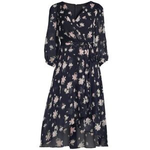 DKNY Women’s High Low Dress Sz 2 Midi Floral Blue Sheer Sleeves Faux Wrap V Neck